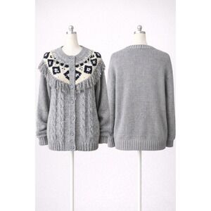 Backroad Blues Vintage 90s Western Fringe Fair Isle Hand Knit Cardigan 20W